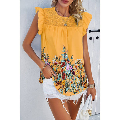 Floral Print Round Neck Ruched Loose Fit Top