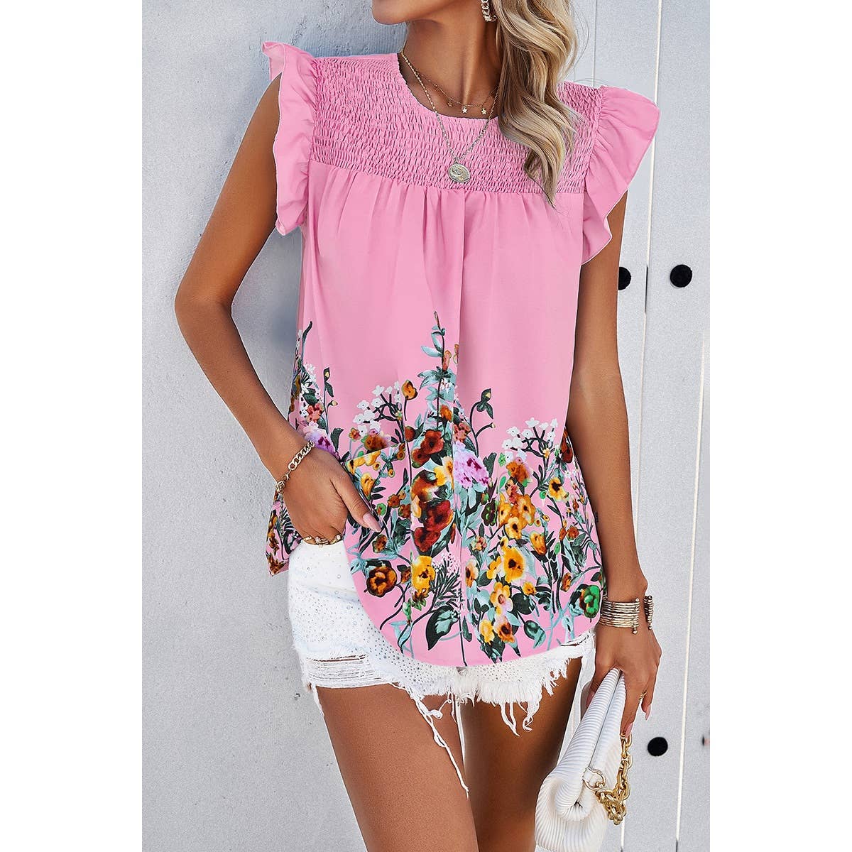 Floral Print Round Neck Ruched Loose Fit Top