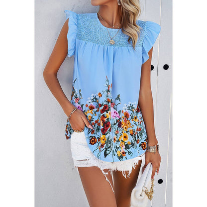 Floral Print Round Neck Ruched Loose Fit Top