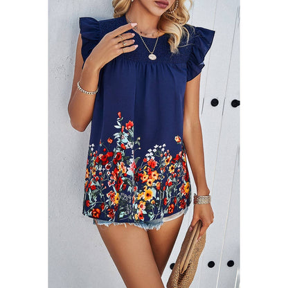 Floral Print Round Neck Ruched Loose Fit Top