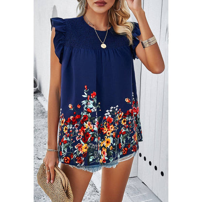 Floral Print Round Neck Ruched Loose Fit Top