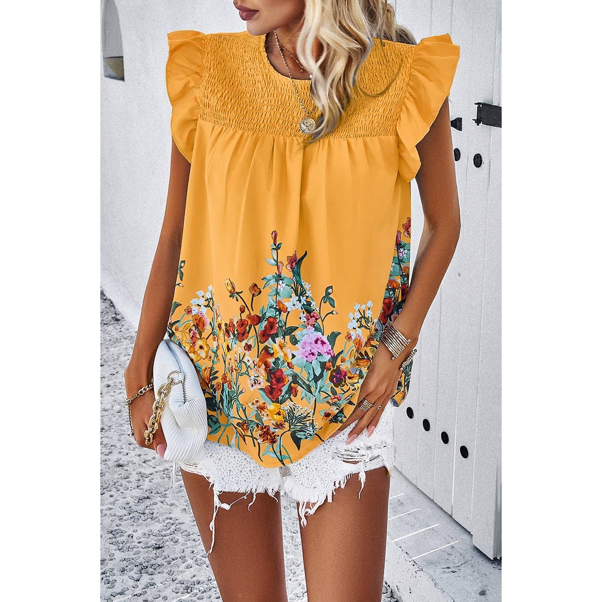 Floral Print Round Neck Ruched Loose Fit Top