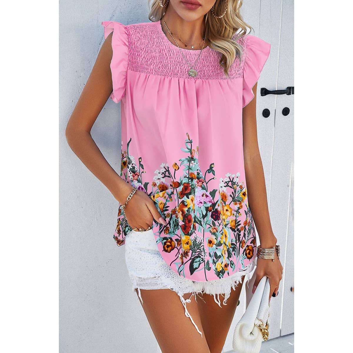 Floral Print Round Neck Ruched Loose Fit Top