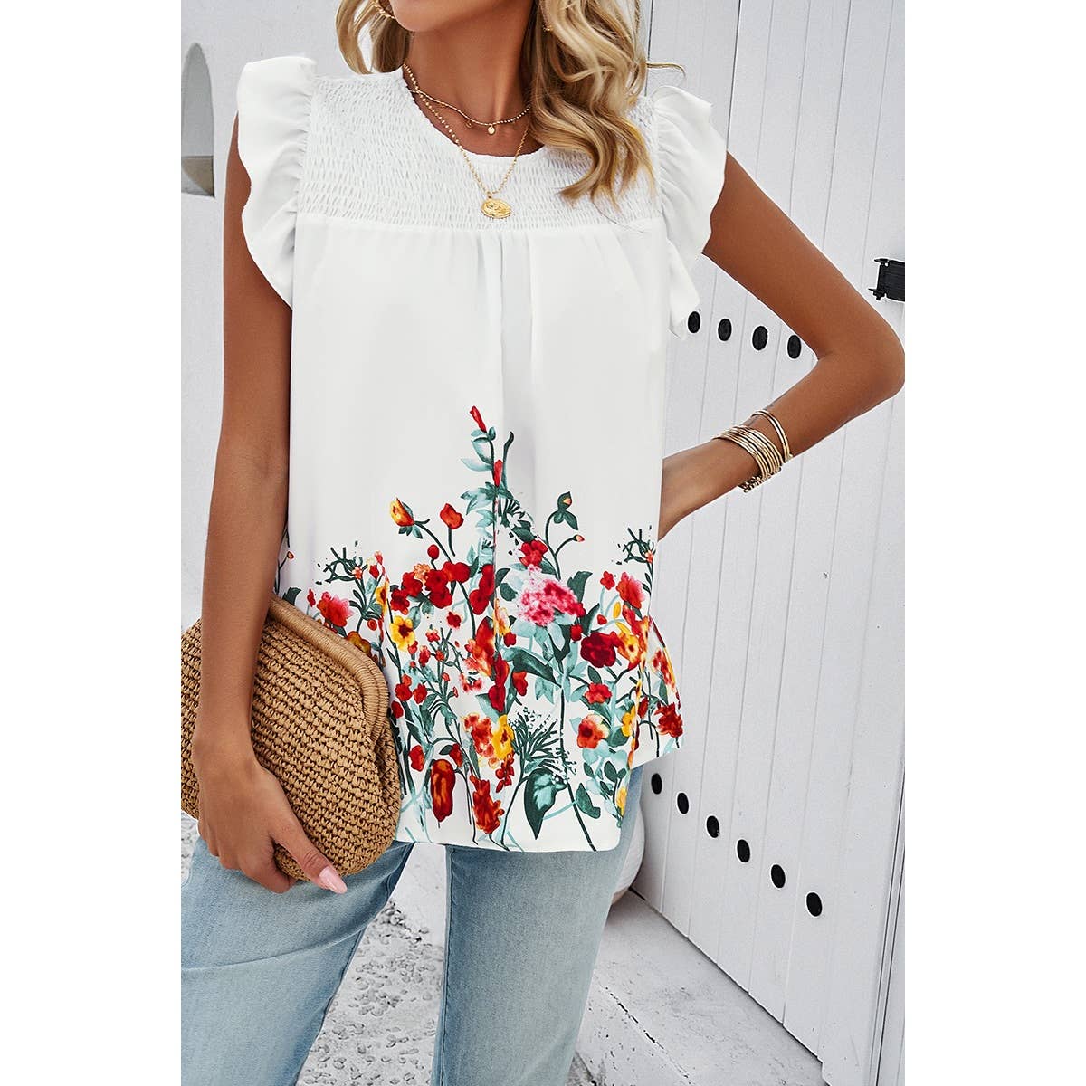 Floral Print Round Neck Ruched Loose Fit Top