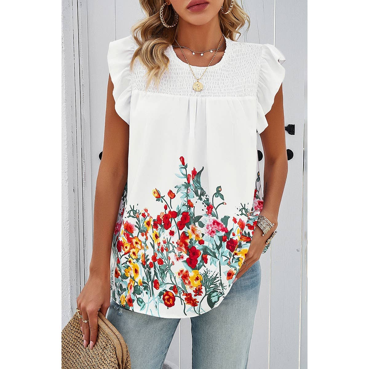 Floral Print Round Neck Ruched Loose Fit Top