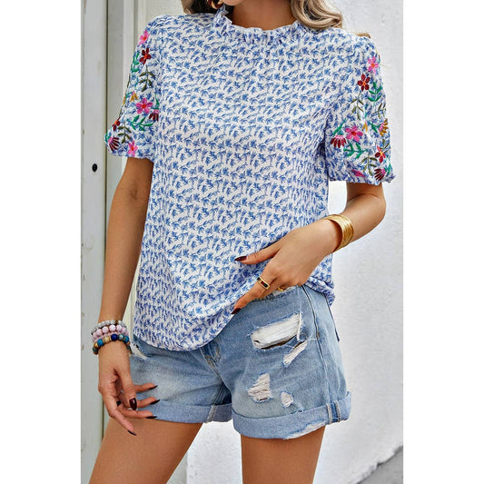 Floral Puff Sleeves Loose Fit Button Blouse | Blouse - Women's | F, floral, new arrival, short sleeve top, Top | Elings