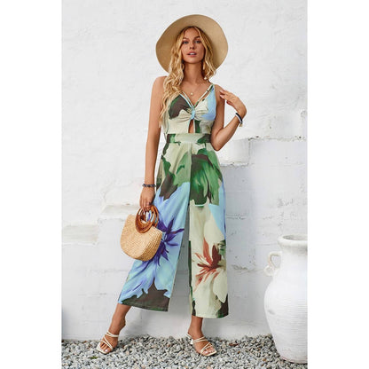 Floral Ruched Cut Out Cross Low Back Jumpsuit