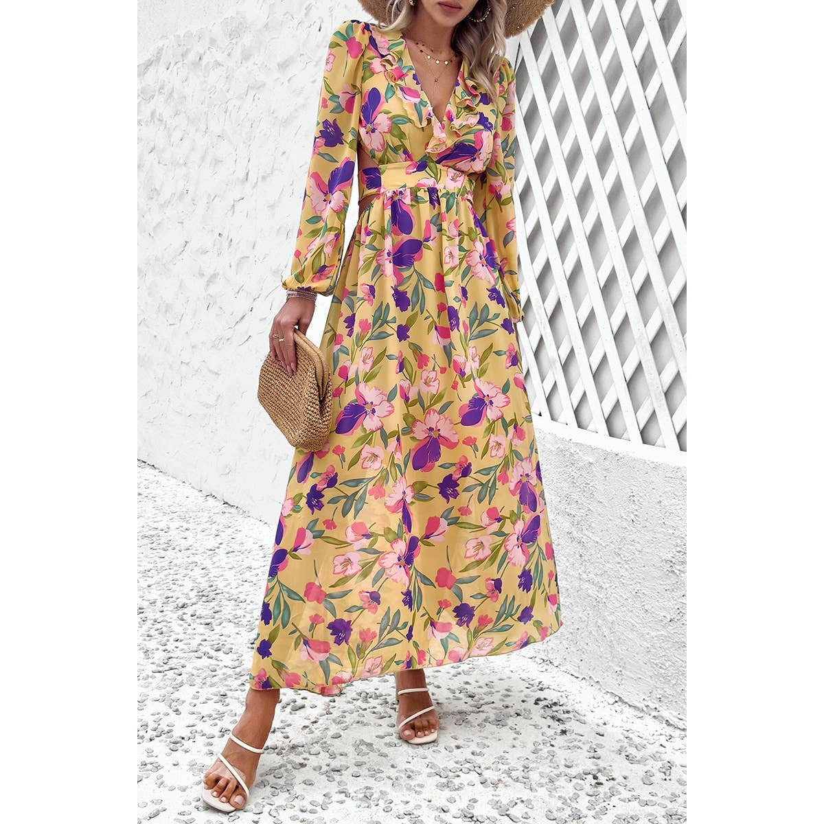 Floral V Neck Knot Open Back A Line Dress