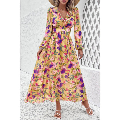 Floral V Neck Knot Open Back A Line Dress