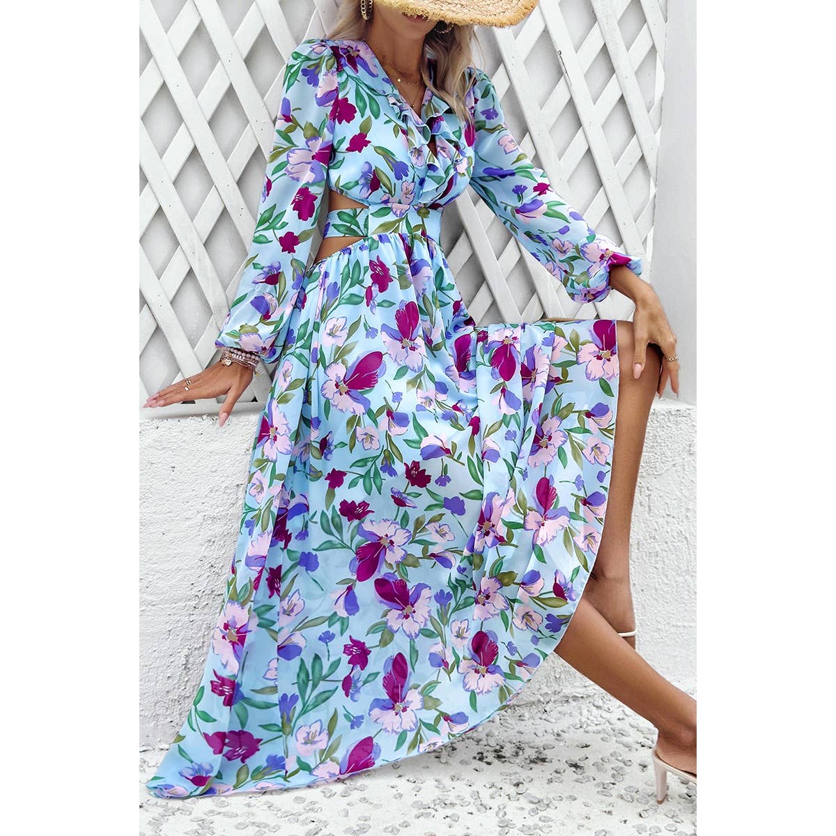 Floral V Neck Knot Open Back A Line Dress