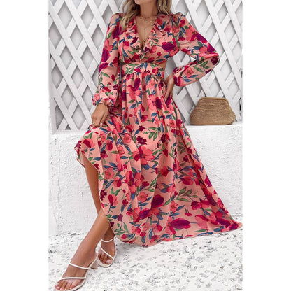 Floral V Neck Knot Open Back A Line Dress