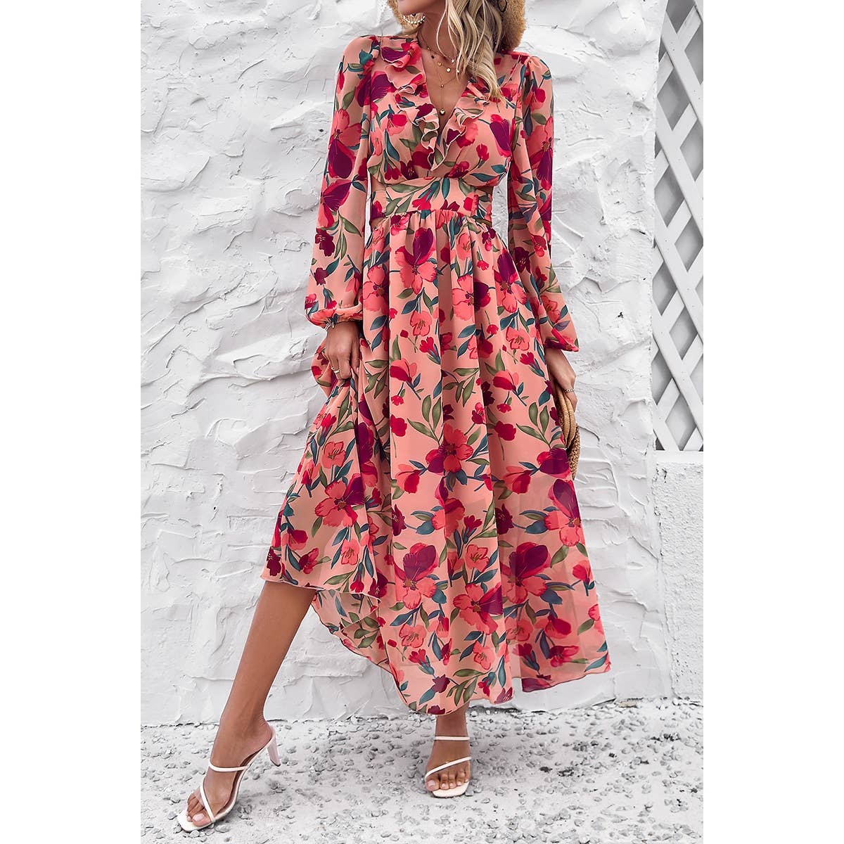 Floral V Neck Knot Open Back A Line Dress