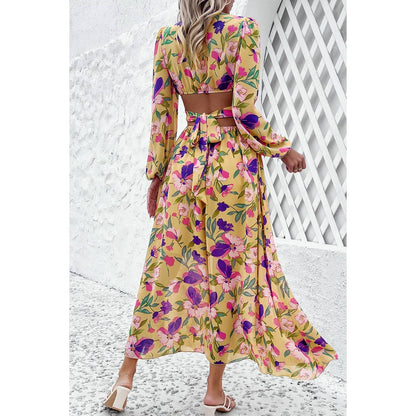 Floral V Neck Knot Open Back A Line Dress