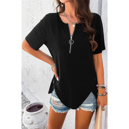 Half Zipper Button Trim Asymmetrical Hem Fit Top