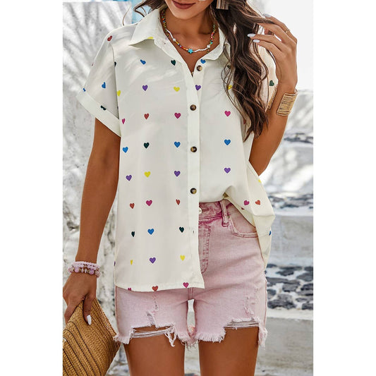 Heart Print Button Up Loose Fit Blouse | Blouse - Women's | F, new arrival, short sleeve top, Top | Elings