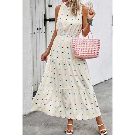 Heart Print Sleeveless Round Neck Full Dress | Dress - Women's | Dress, F, LK, maxi dress, new arrival | Elings