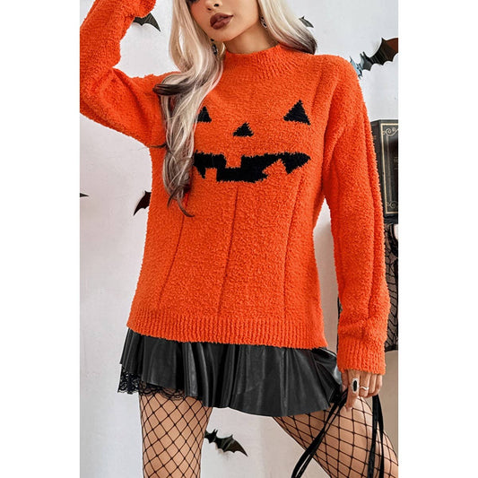 High Collar Fuzzy Pumpkin Face Pullover Sweatshirt | Knit Sweater - Women's | F, new arrival, shoppe247, SWEATER, Sweaters | Elings