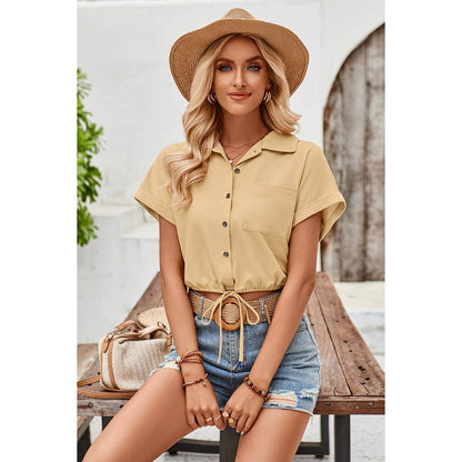 High Waist Button Pocket Elastic Waist Blouse