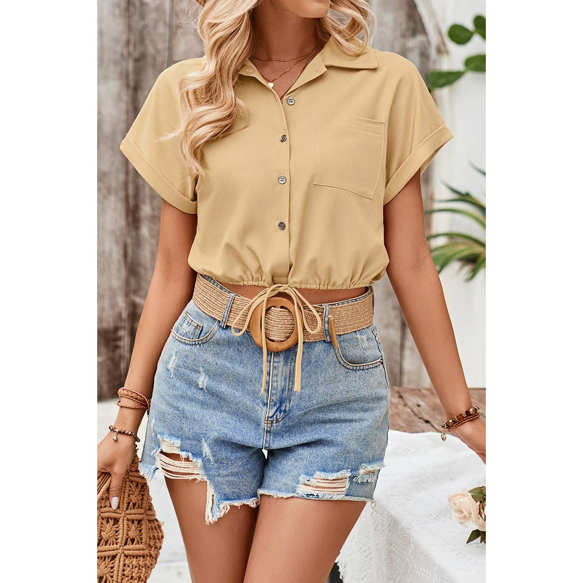 High Waist Button Pocket Elastic Waist Blouse | Blouse - Women's | F, new arrival, shoppe247, short sleeve top, Top | Elings