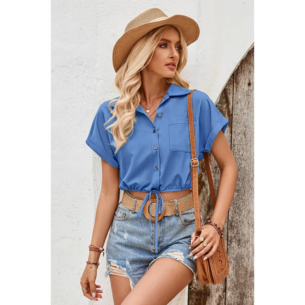 High Waist Button Pocket Elastic Waist Blouse