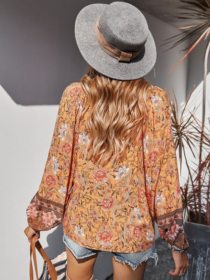 Floral V Neck Boho Tunic Blouse