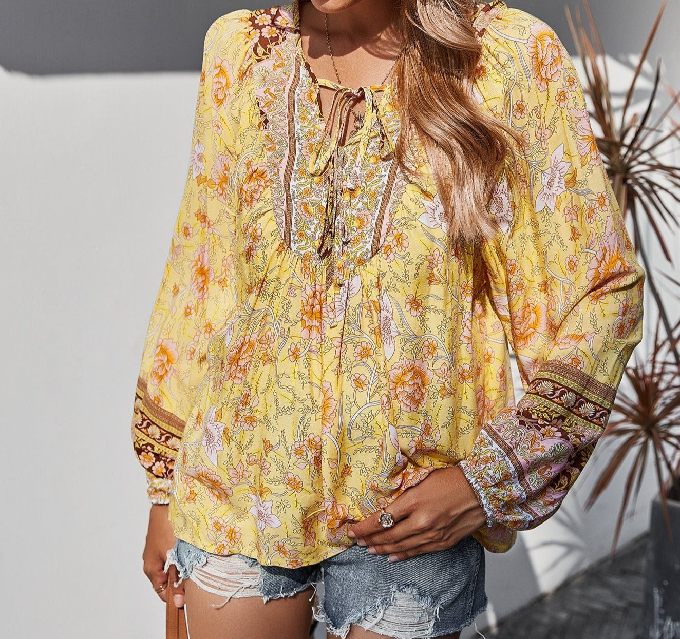 Floral V Neck Boho Tunic Blouse | Casual Woven Top - Women's | 2024, Clearance, long sleeve top, Top, tops | Elings