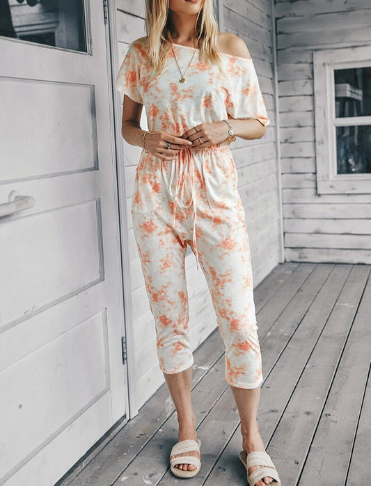 One Shoulder Printed Short Sleeve Drawstring Jumpsuit | 2023, jumpsuit, Jumpsuit and Romper, Loungewear, New Arrivals | Elings