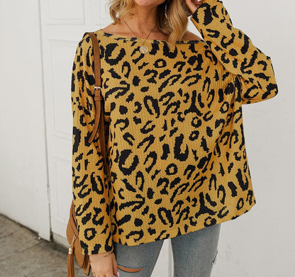 Leopard Print Off Shoulder Sweater | Casual Woven Top - Women's | 2024, sale draft | Elings