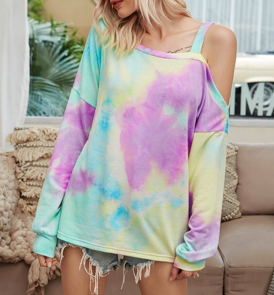 Trendy Tie Dye Off Shoulder Sweatshirt | Casual Woven Top - Women's | 2023, long sleeve top, New Arrivals, Top, tops | Elings