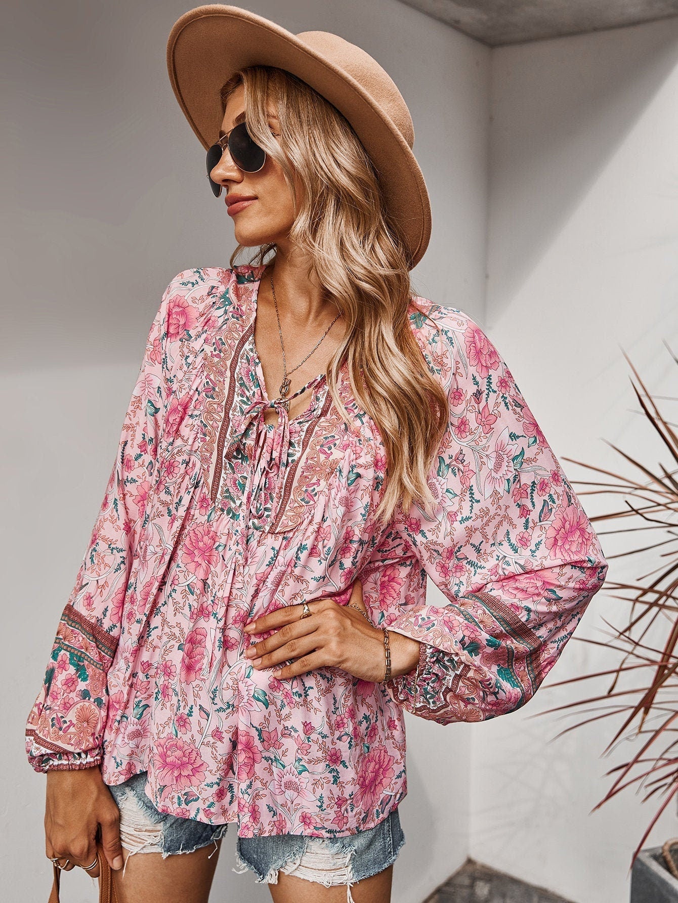 Floral V Neck Boho Tunic Blouse