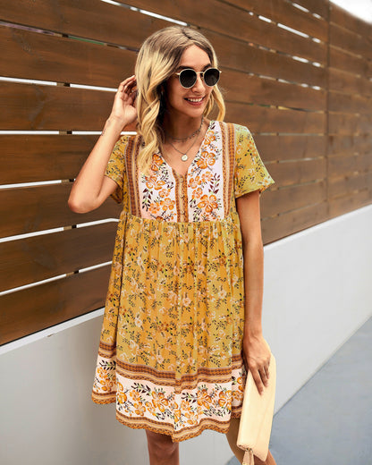 Boho Blossom V-Neck Ruffle Dress