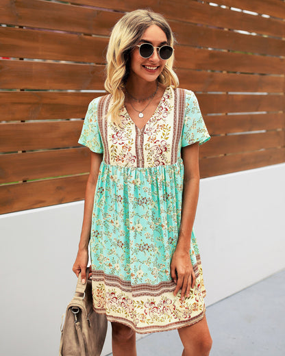 Boho Blossom V-Neck Ruffle Dress