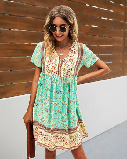 Boho Blossom V-Neck Ruffle Dress