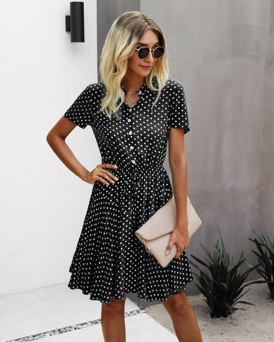 Polka Dot Ruffle Button Down Dress | Dress - Women's | above the knee, Dress, LK | Elings