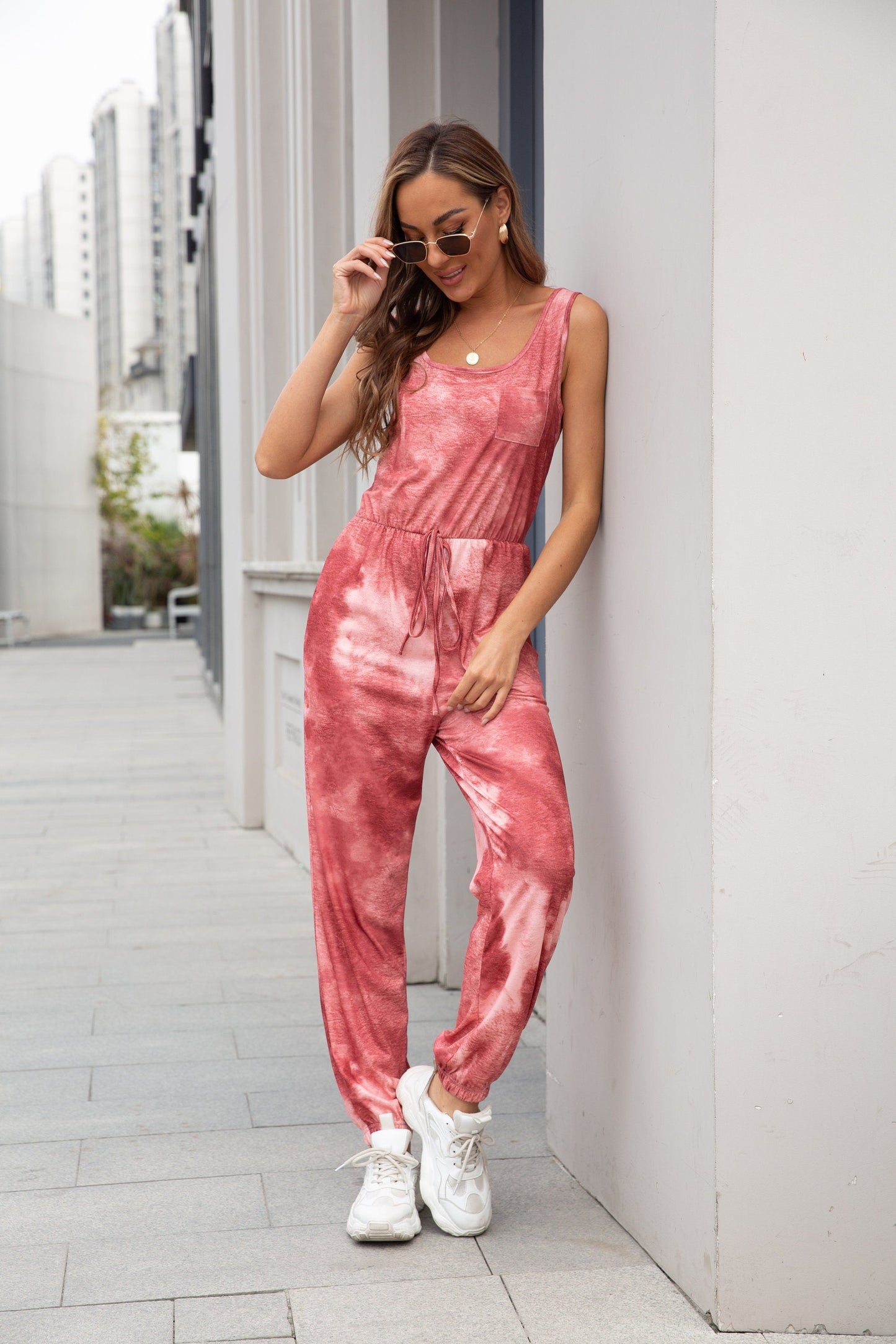 Sleeveless Tie Dye Scoop Neck Tie Waist Pockets Elastic Waist Drawstring Jumpsuit