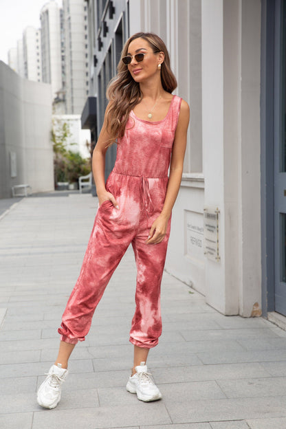 Sleeveless Tie Dye Scoop Neck Tie Waist Pockets Elastic Waist Drawstring Jumpsuit