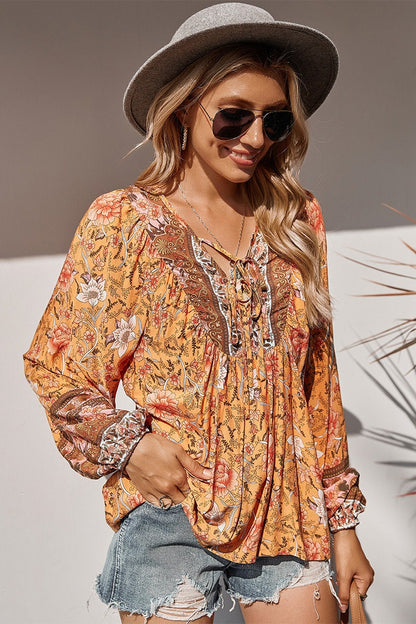 Floral V Neck Boho Tunic Blouse