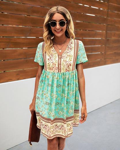 Boho Blossom V-Neck Ruffle Dress