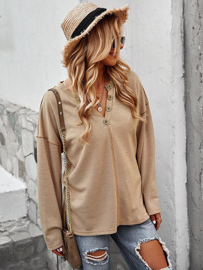 Cozy Chic V Neck Button-Up Sweatshirt