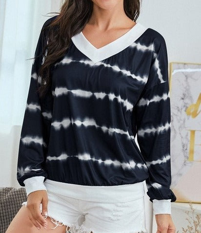 Striped Chic V Neck Sweatshirt | Casual Woven Top - Women's | 2023, long sleeve top, New Arrivals, Top, tops | Elings