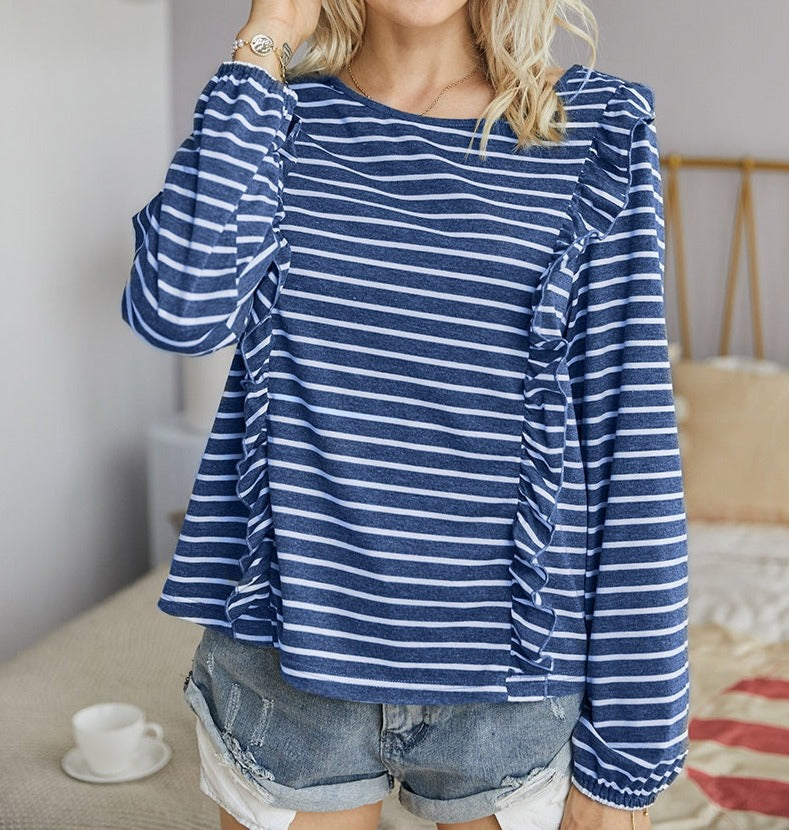 Striped Ruffle Sleeve Casual Women's Top | Casual Woven Top - Women's | long sleeve top, Top, tops | Elings