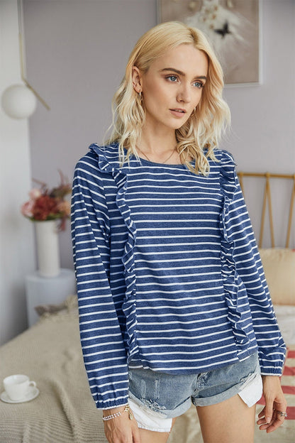 Striped Ruffle Sleeve Casual Women's Top