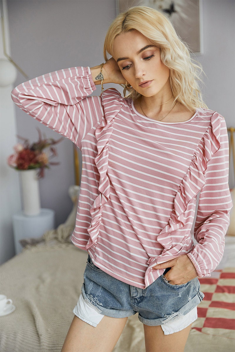 Striped Ruffle Sleeve Casual Women's Top