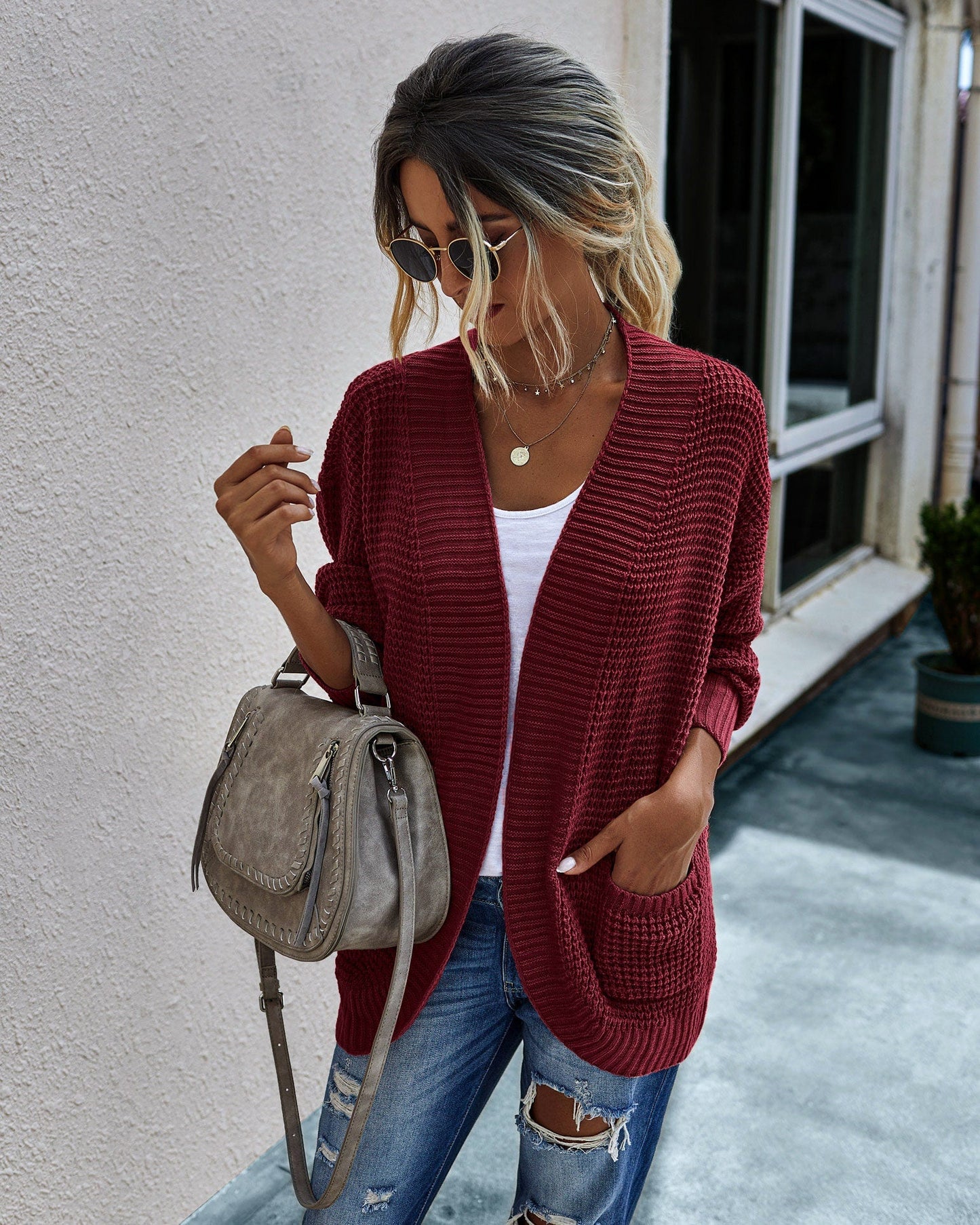 Cardigan V Neck Solid Open Front Pockets Knitted Oversize Women Sweater