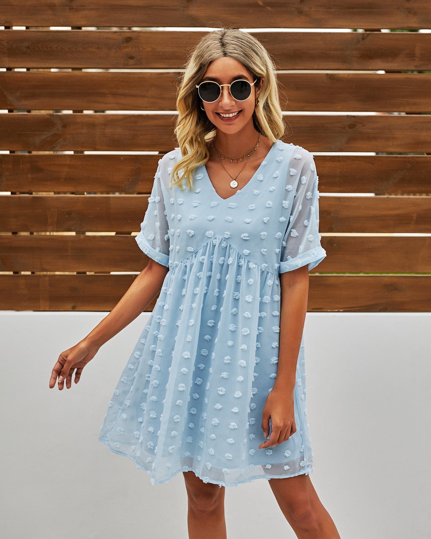 Polka Dot V Neck Ruffle Tunic Dress