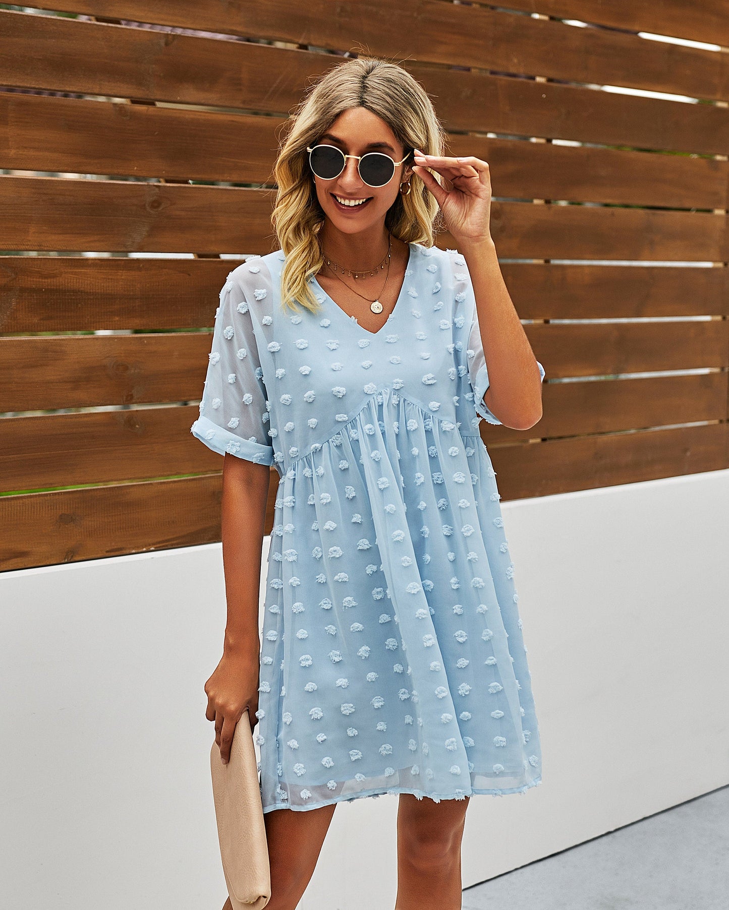 Polka Dot V Neck Ruffle Tunic Dress