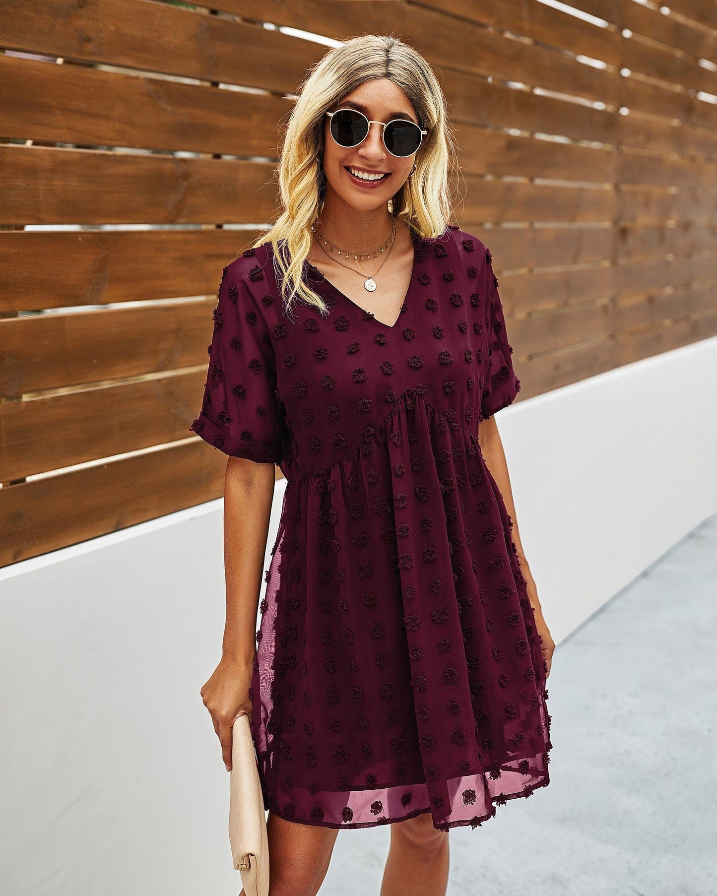 Polka Dot V Neck Ruffle Tunic Dress