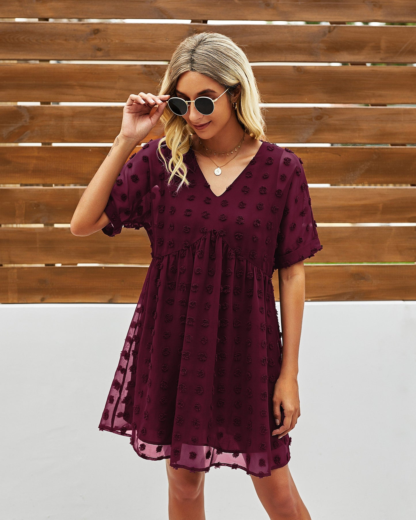 Polka Dot V Neck Ruffle Tunic Dress