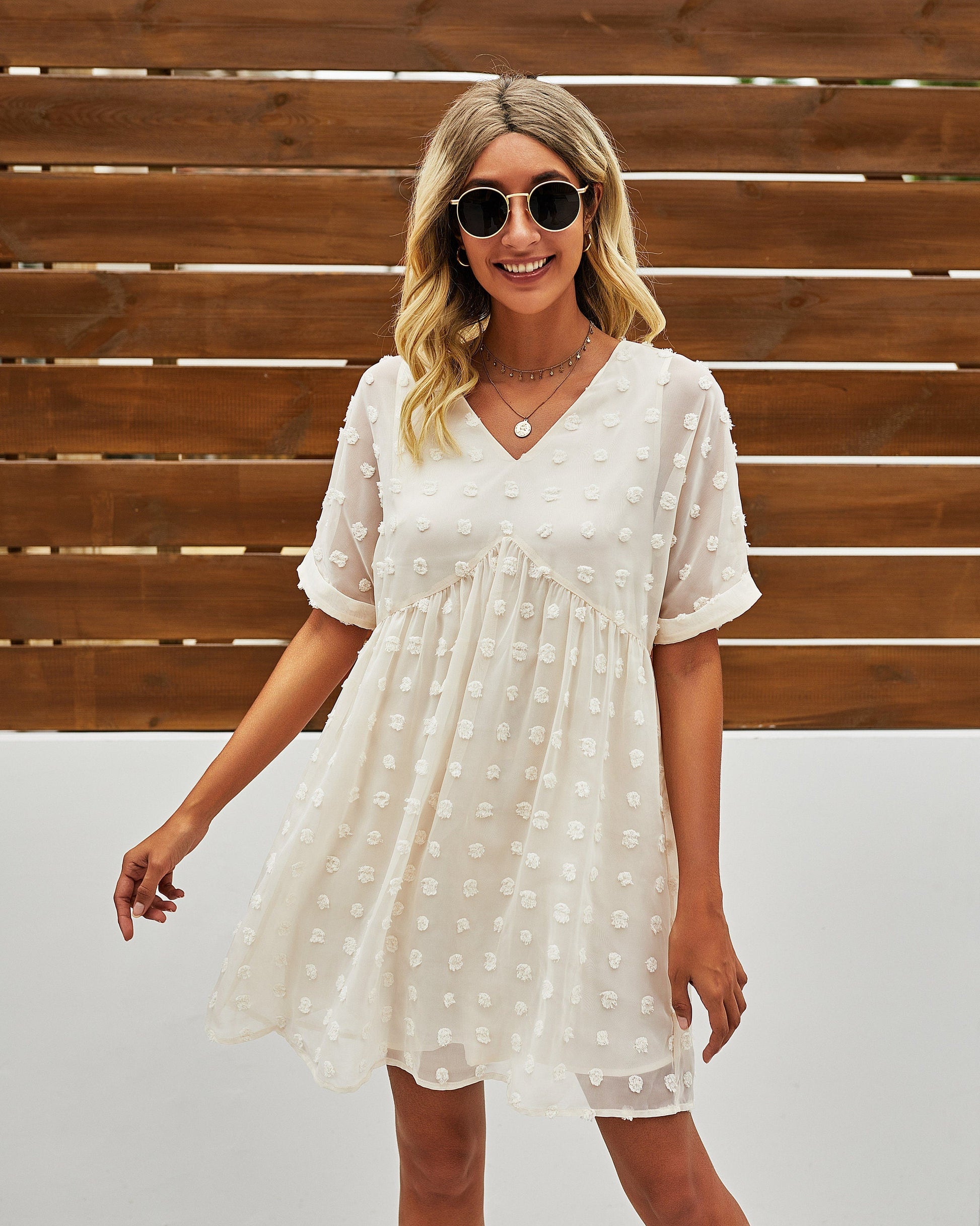 Polka Dot V Neck Ruffle Tunic Dress | Dress - Women's | 2023, above the knee, Dress, LK, New Arrivals | Elings