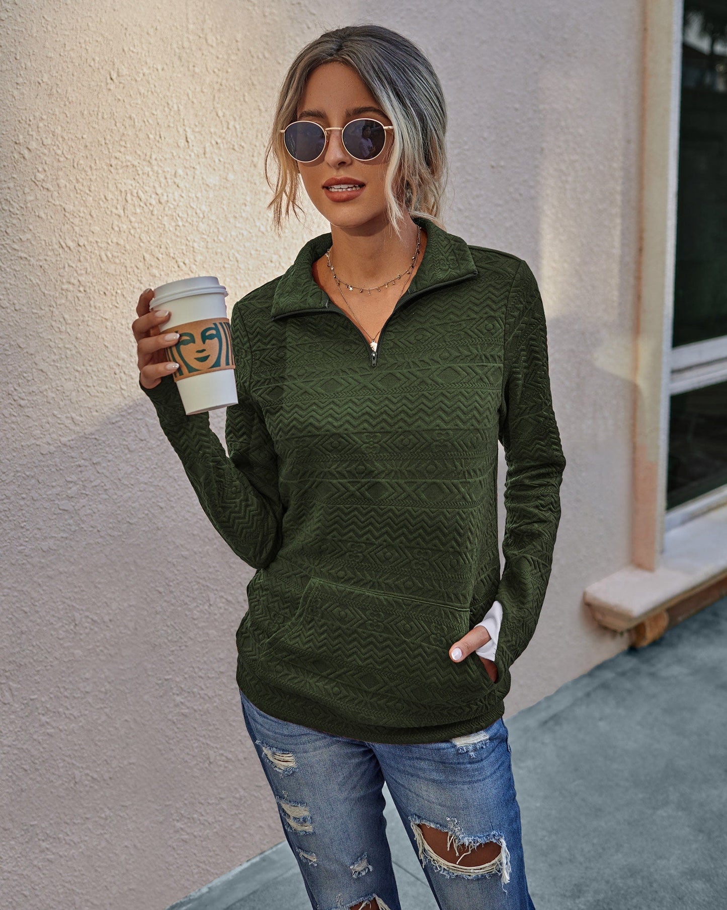 Long Sleeve V Neck Zipper Up Solid Pocket Loose Fit Sweater